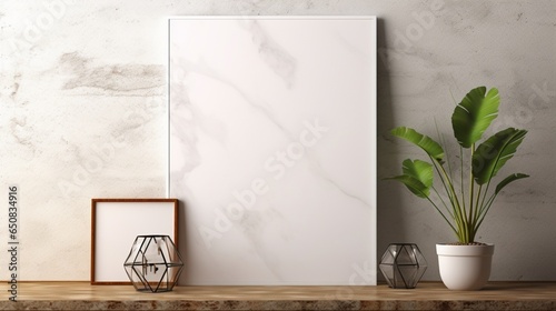A mockup poster blank frame  suspended on a chiselled marble wall  adds a touch of artistic flair to the space.