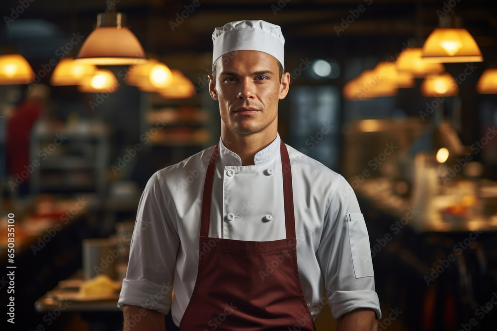Chef man in uniform against the background of a restaurant kitchen Chef man in uniform against the background of a restaurant kitchen
