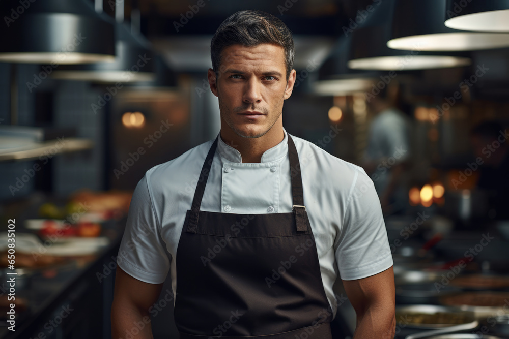 Young handsome man chef on the background of a restaurant kitchen - obrazy, fototapety, plakaty 