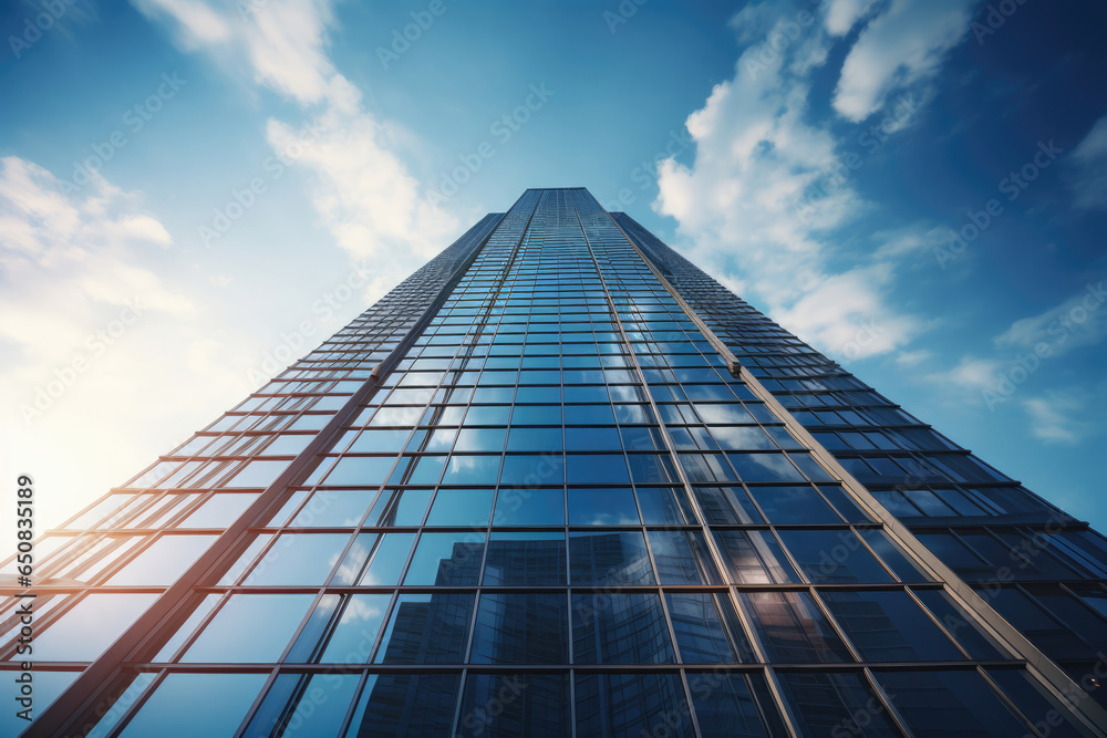 Skyscraper glass facades against the background in the blue sky. Business center Skyscraper glass facades against the background in the blue sky. Business center