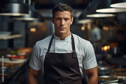 Young handsome man chef on the background of a restaurant kitchen