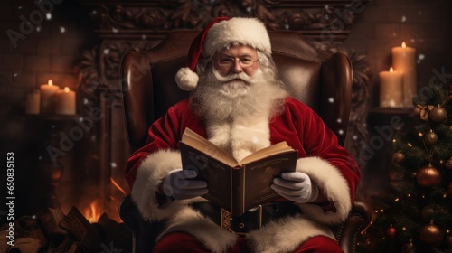 Santa Claus sits smiling in an armchair and reads from an old book