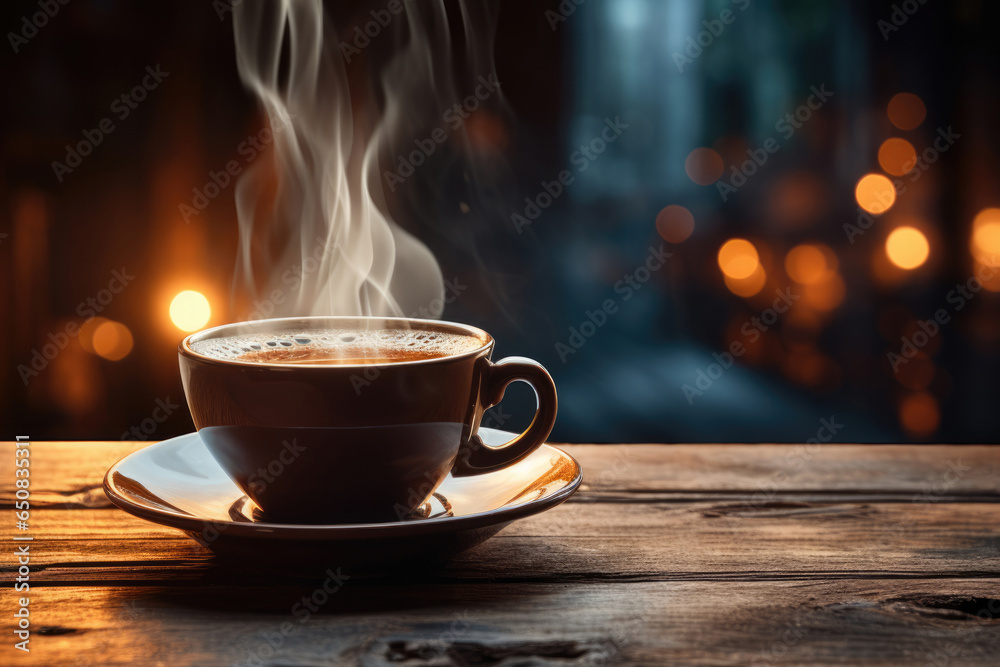 cup of coffee on a wooden table in a cafe