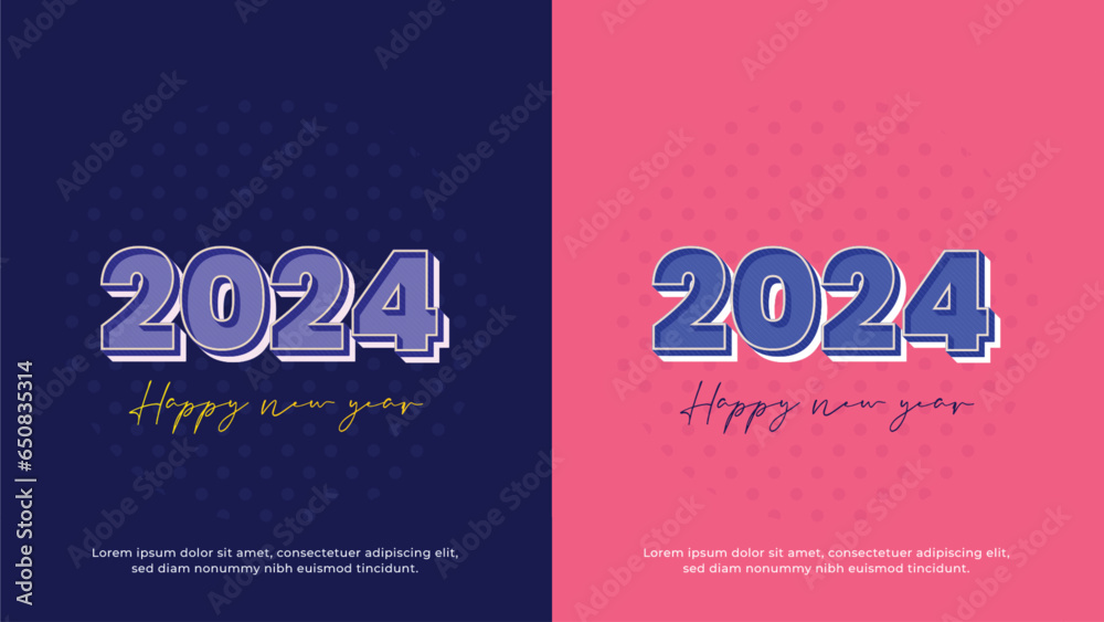 Happy new year 2024 design, With illustration of paper numbers on blue and pink background.