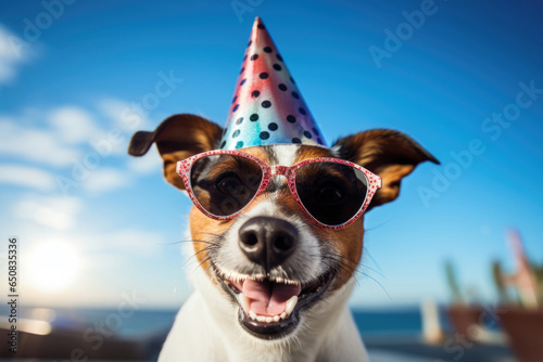 happy dog celebrating party wearing a birthday hat and sunglasses © Michael