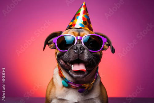 happy dog celebrating party wearing a birthday hat and sunglasses