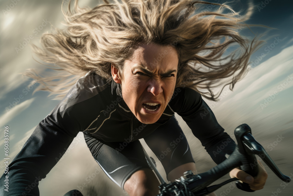 Obraz premium Cyclist pedaling fast on a road bike with wind-blown hair