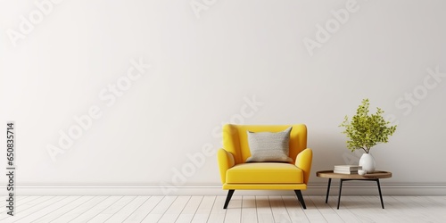 Living room interior with yellow fabric armchair and table on empty white wall background, Generative AI 
