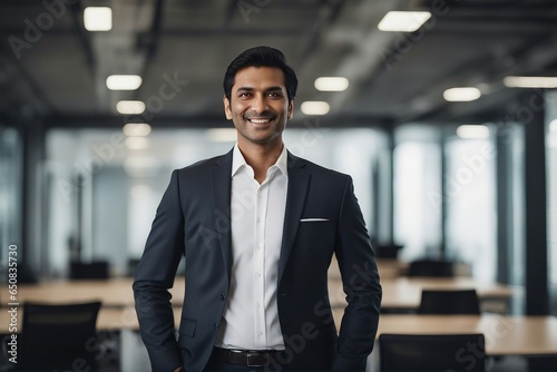 Portrait of a handsome Asian Indian businessman boss in a suit standing in his modern office space