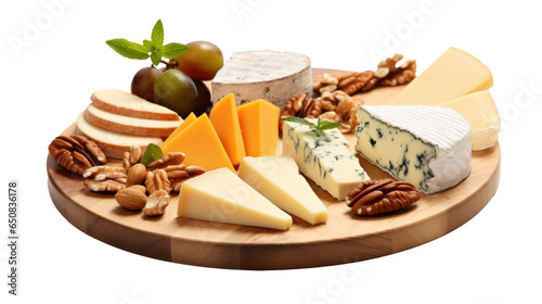 Very tasty cheese platter on a wooden board, grapes, crackers, dips, cheese board, isolated