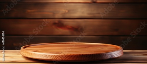 Vintage concept products display on wood table with empty wooden plate Soft blurred background for copy and branding