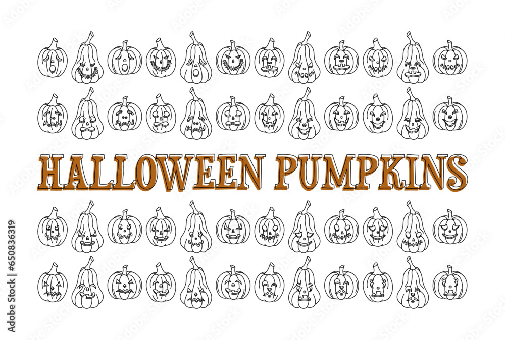 Halloween Pumpkins Bundle Monster Faces Set Outline