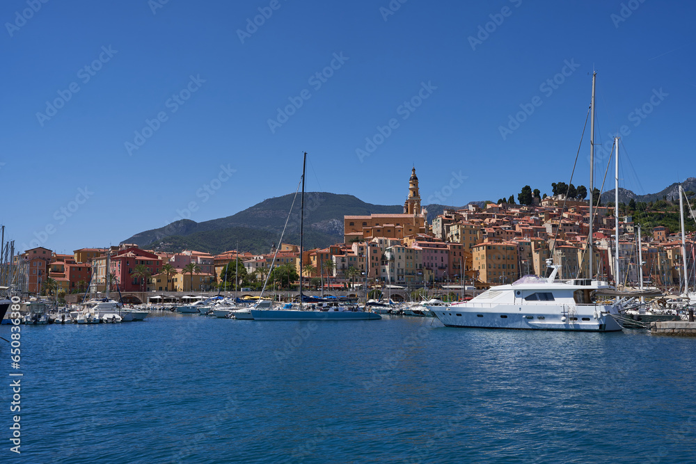  Menton, France - August 8, 2023 - View on old part of Menton on a beautiful summer day  