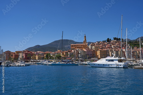 Menton, France - August 8, 2023 - View on old part of Menton on a beautiful summer day 