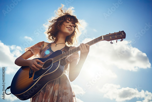 A young and talented female musician plays an acoustic guitar outdoors against a blue sky.