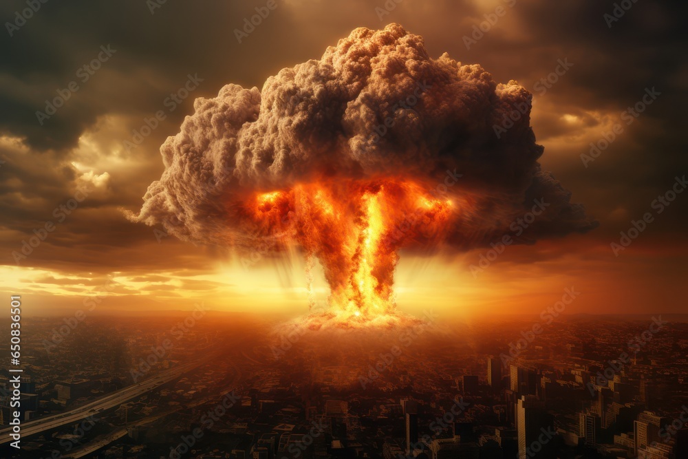 Nuclear explosion in the city. Atomic bomb in city. Symbol of nuclear war, end of world, dangers of nuclear energy.