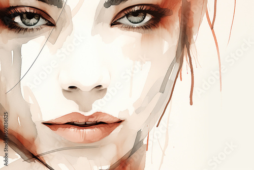 Beauty, fashion, make-up and art concept. Beautiful woman portrait drawing. Model face drawn with muted pastel colors or ink lines style. Generative AI