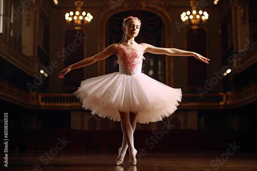 A graceful ballerina in a tutu demonstrates her elegance and skill in a classical ballet performance.