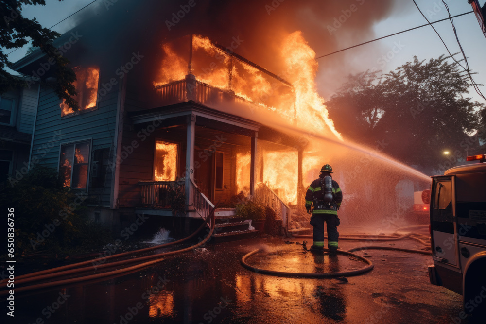 Bombero apagando incendio en una casa en los suburbios. - obrazy, fototapety, plakaty 