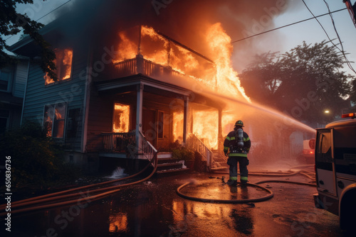 Bombero apagando incendio en una casa en los suburbios. © Anta