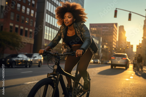 Mujer negra montada en una bicicleta eléctrica y con ropa casual en una ciudad con luz de atardecer. photo