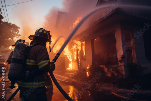 bombero con manguera apagando incendio en una casa. photo