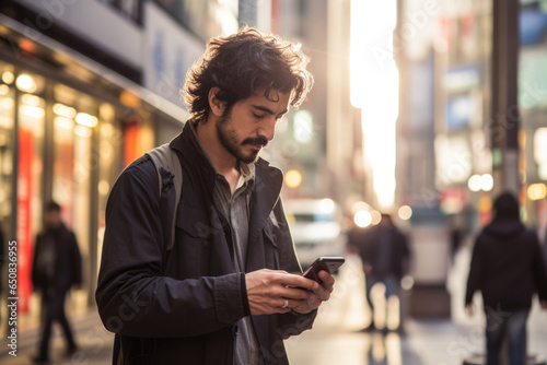 Hombre blanco con barba en una calle de una ciudad viendo su teléfono móvil.