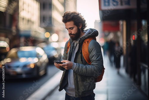 Hombre blanco con barba en una calle de una ciudad viendo su teléfono móvil.