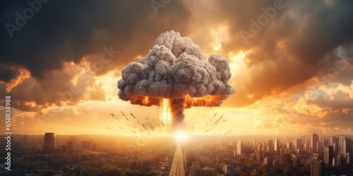 Nuclear war threat concept. Explosion of nuclear bomb in the city. End of world illustration.