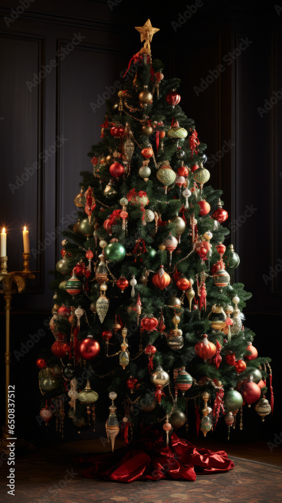 A beautifully decorated Christmas tree in a dimly lit room