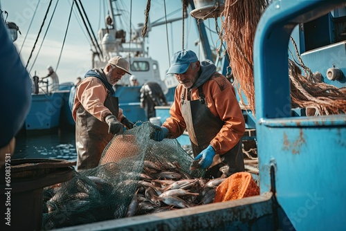 Foto documentary footage of fishing boat, fishermen during their job, ocean, detailed