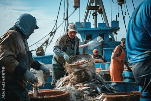 Fototapeta documentary footage of fishing boat, fishermen during their job, ocean, detailed