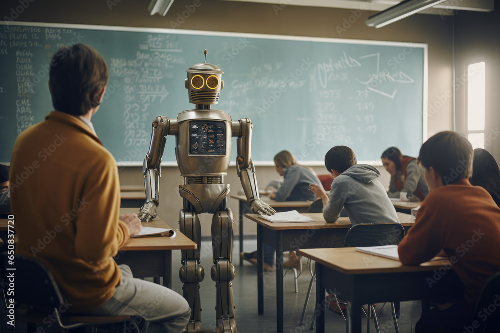 Imagen retornable de un robot retro-futurista dando clase en un aula de ...