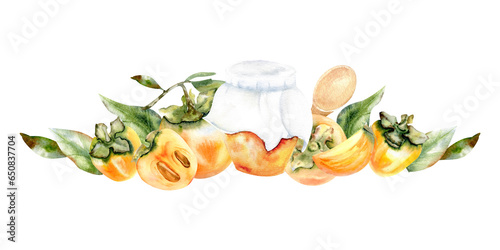 Watercolor persimmon composition with orange jam har, woode spo, orange fresh persimmon and leaves for package, kitcken decoration photo