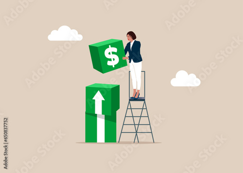 Girl connect cube block with with white arrow up. Financial and investment growth.  Vector illustration. 