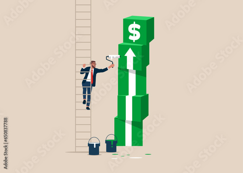Businessman paint a green block cubic stacking up with white arrow up. Financial and investment growth. 