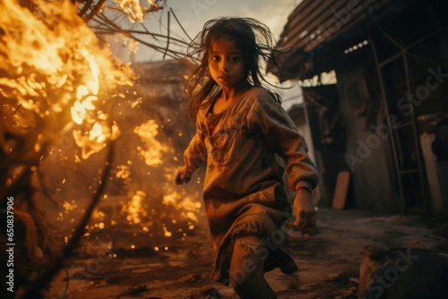 Niña pequeña huyendo de un incendio en su casa, mirando a cámara con cara de miedo. photo