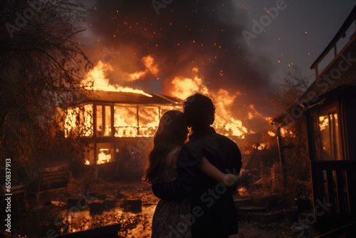 pareja abrazándose mirando impotentes su hogar (casa) ardiendo.