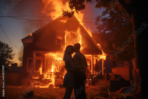 Silueta de pareja consolándose mientras ven su hogar arder en un incendio photo