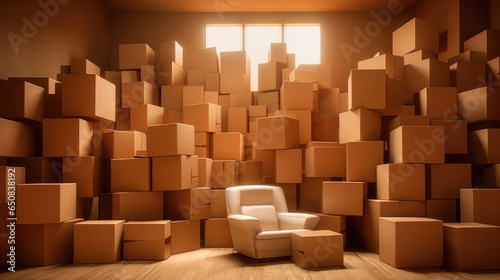 habitación llena de cajas con un sofá en el centro