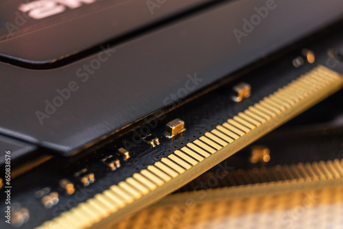 DDR4 DRAM memory module golden electrical contact macro. Computer RAM chip. Desktop PC memory components