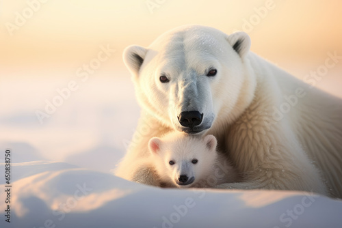 Mother polar bear cuddling her cub