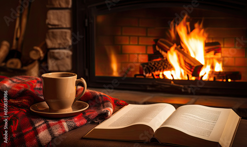 cosy room with fireplace  book and cup of tea. 