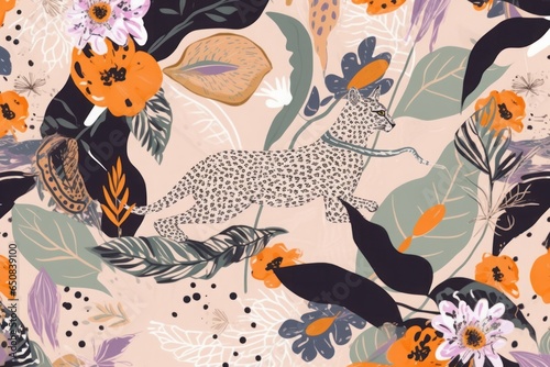 Hand drawn abstract floral pattern with leopards. Creative collage contemporary seamless pattern. Natural colors. Fashionable template for design, Generative AI 