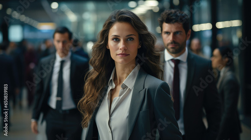 Mujer de negocios caucásica, vestida de traje y camisa blanca en un pasillo de un edifico de oficinas con hombre de negocios al fondo mirando a cámara.