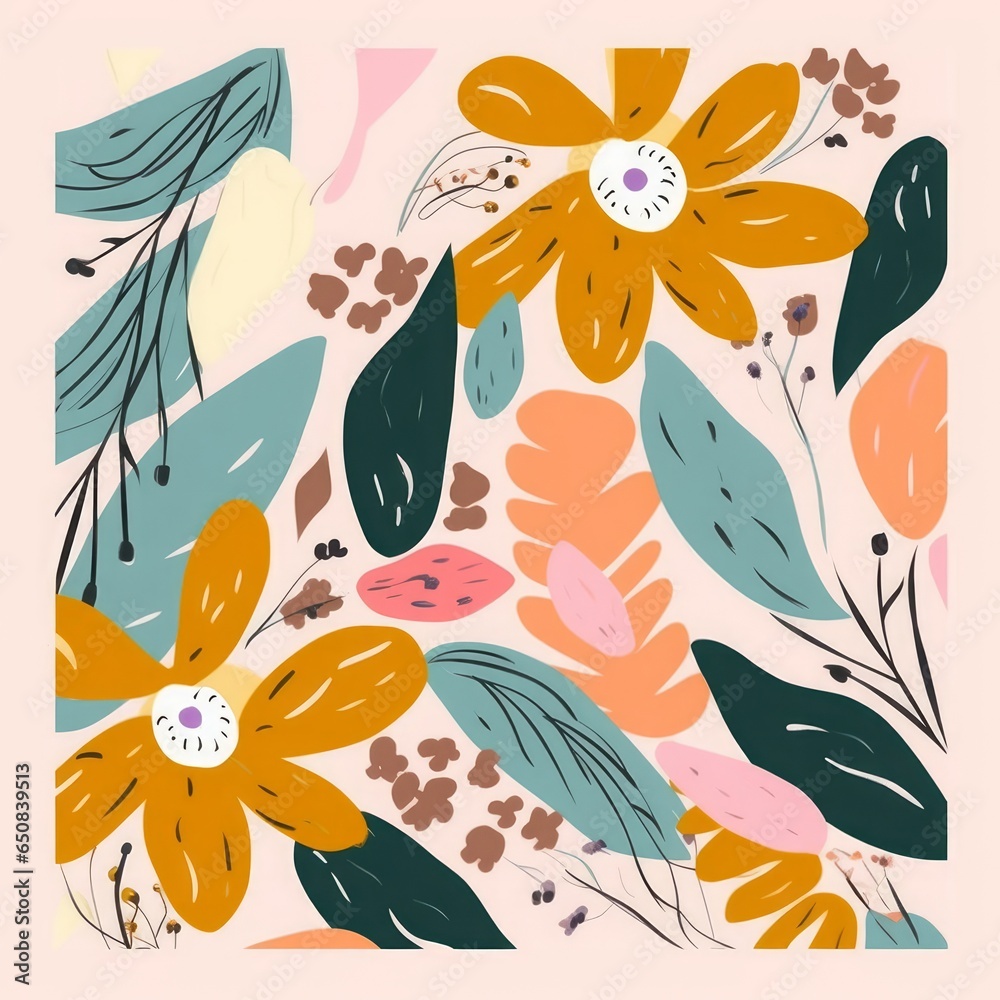 Hand drawn naive abstract flowers and leaves print. Cute collage pattern. Fashionable template for design, Generative AI Hand drawn naive abstract flowers and leaves print. Cute collage pattern. Fashionable template for design, Generative AI