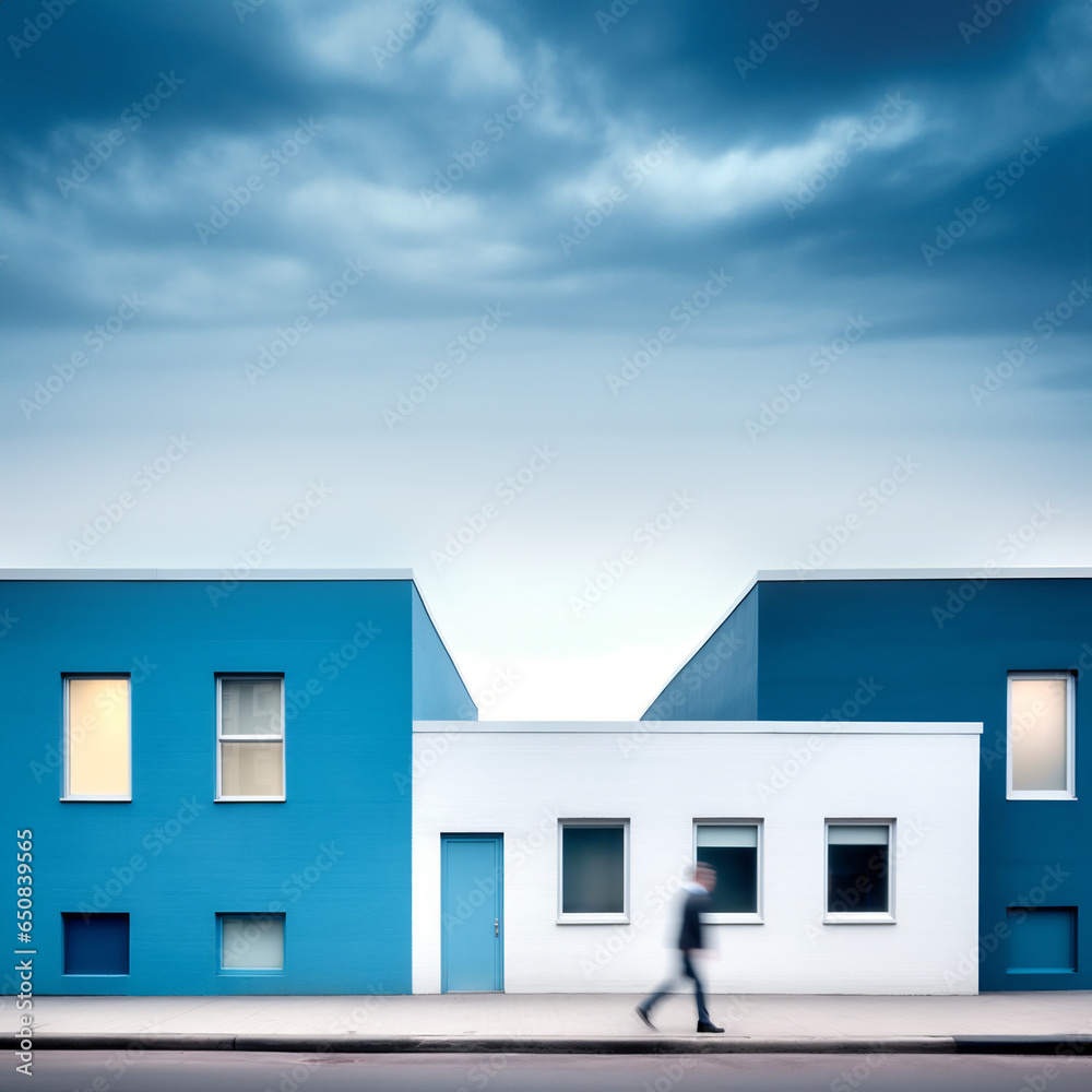 Minimalist house landscape with blurred walking people in pastel colors and abstract style Minimalist house landscape with blurred walking people in pastel colors and abstract style