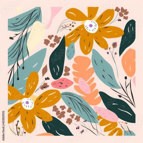 Hand drawn naive abstract flowers and leaves print. Cute collage pattern. Fashionable template for design, Generative AI 