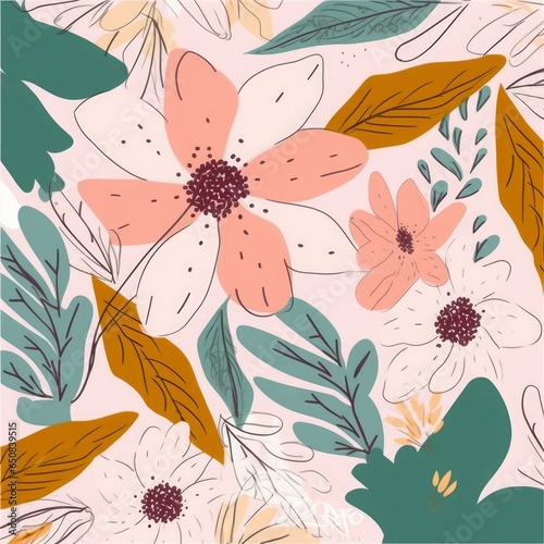 Hand drawn naive abstract flowers and leaves print. Cute collage pattern. Fashionable template for design, Generative AI 