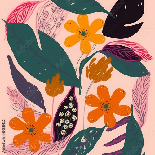 Hand drawn naive abstract flowers and leaves print. Cute collage pattern. Fashionable template for design, Generative AI 
